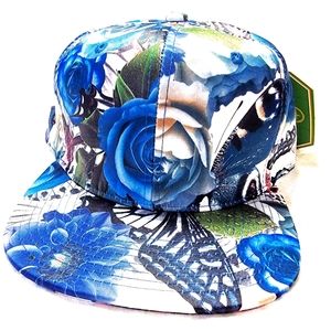 ``H25456 NWT Snapback/Baseball Cap - Butterflies & Big Roses (Blue Theme)